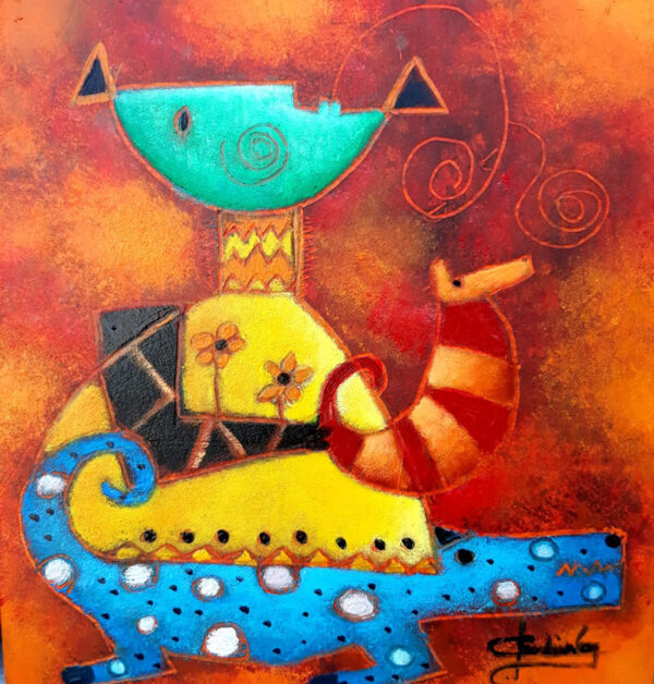Original Oil Duenos de la Aventura on Paper 6 x 6 without Frame by Claudi Nery