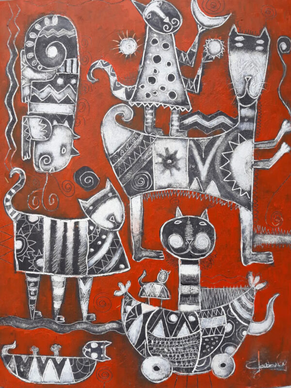 Original Oil Mis Gatos on Canvas 31 x 39 without Frame by Claudi Nery